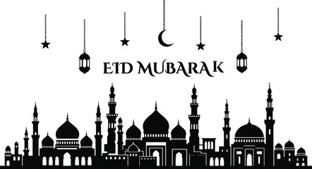 Eid Mubarak Mosque Skyline Silhouette with Lanterns and Stars © Amena
