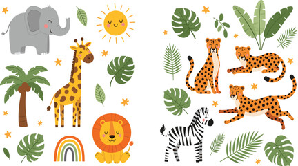Cute Cartoon Safari Animals Set — Elephant, Giraffe, Lion, Zebra, Cheetah with Tropical Leaves and Sun Kids Illustration © MdMonirul