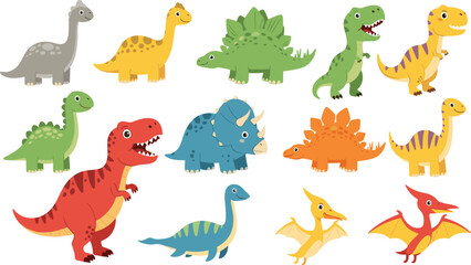 Cute Cartoon Dinosaur Mega Collection Set — Funny Baby T-Rex, Stegosaurus, Triceratops, Brontosaurus, Pterodactyl and More in Colorful Styles for Kids © Manna