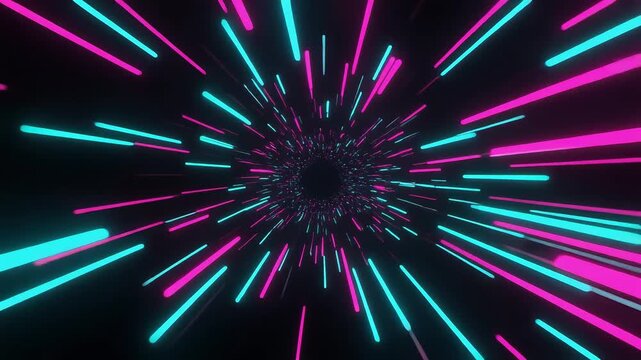 abstract neon light streaks rushing through dark fiber optic tunnel loop
