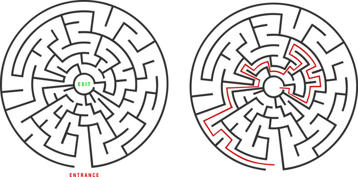 Circular maze puzzle with solution path. Concept of logic, navigation, problem solving, challenge, and successful decision making