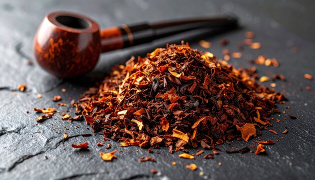 Artful pipe tobacco flakes and a classic briar pipe on a dark textured surface