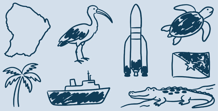 Collection of hand-drawn icons representing French Guiana, including its map, flag, and local wildlife.