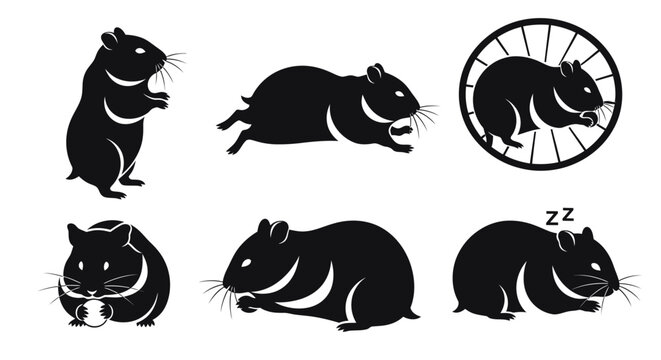 Captivating collection of black silhouette hamster illustrations in diverse poses, including running, eating, and sleeping, ideal for pet-themed graphics and charming animal icons