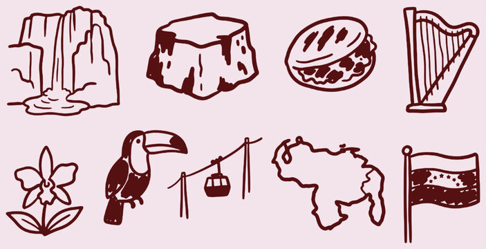 Collection of Venezuelan cultural symbols and landmarks in a simple line art style.