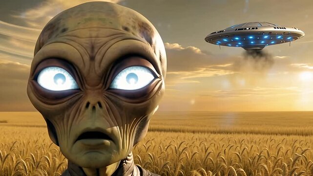 Alien creature with large eyes looks up at a hovering spaceship in a golden wheat field during sunset, with a dramatic sky and distant clouds enhancing the otherworldly atmosphere