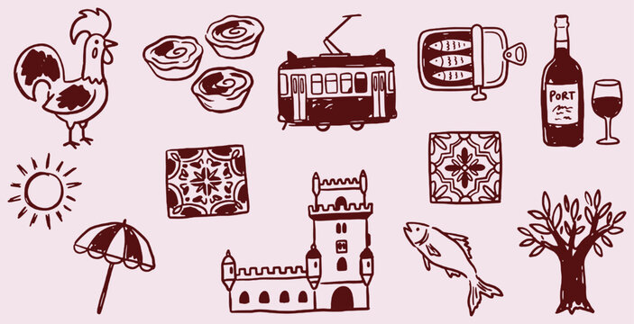 Collection of hand-drawn icons representing Portuguese culture and landmarks, including a rooster, pastries, tram, and castle.