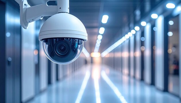 Advanced Dome Security Camera Installed in a Modern Illuminated Hallway for Surveillance