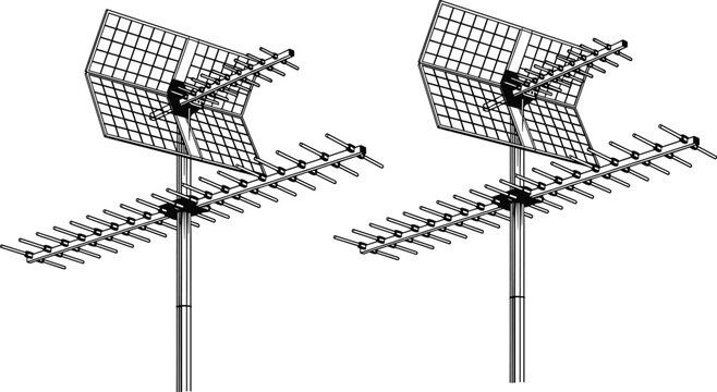 Yagi‑Uda antenna silhouette illustration, directional signal artwork, television reception design, radio communication symbol, wireless technology graphic emblem