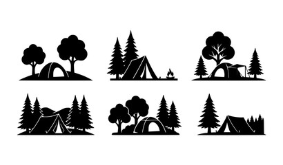 Camping tent silhouettes vector collection with trees and outdoor campsite scenes isolated on white © MdShohagAhammad