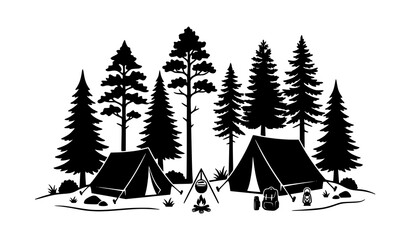 Camping tent silhouette vector with two tents under trees isolated on white background © MdShohagAhammad