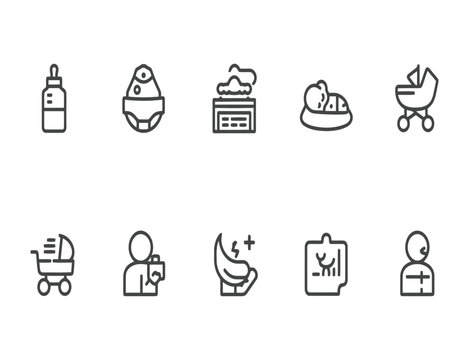 Minimalist baby care line icons, set of 10 newborn nursery vector elements, modern infant health and parenting outline symbols for mobile apps