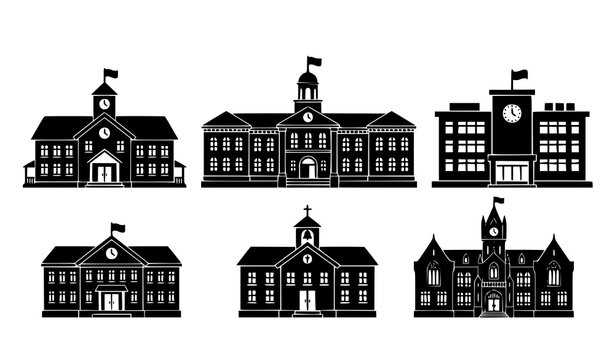 School building silhouette vector set with educational architecture isolated on white background