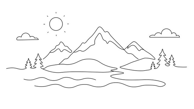 Minimal continuous line landscape animation featuring mountains, lake waves, trees, birds, clouds, and sun in a calm looping nature scene.  outline design on white background.