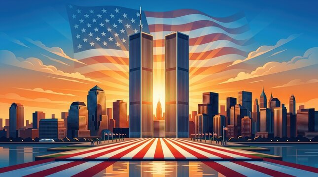 Patriot day tribute 9 11 memorial twin towers new york city skyline american flag