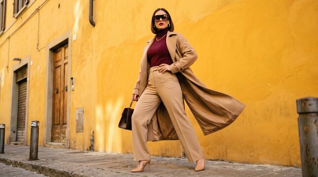 Woman in beige suit and sunglasses poses against yellow wall fashion style background, download 2026 2027, 2028 event template, 4k download
