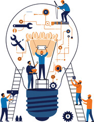 Labour day concept with workers building light bulb innovation teamwork engineering industry tools creativity collaboration productivity modern flat vector illustration © Mokarrom
