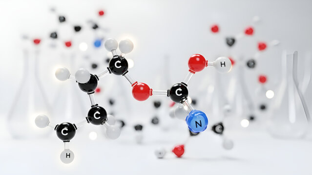 Molecular structure model with atoms and bonds in a laboratory setting with beakers