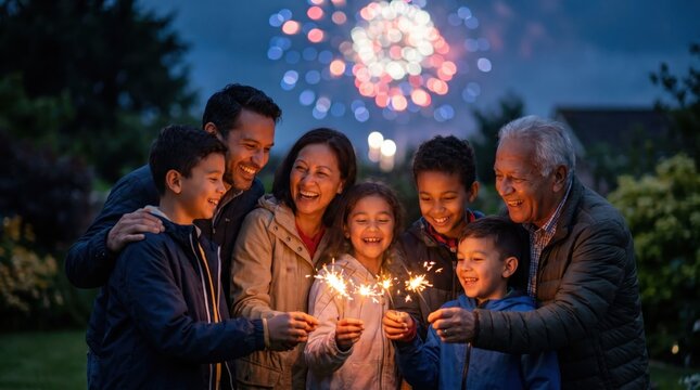 Diverse Family Celebrates USA Independence Day with Fireworks