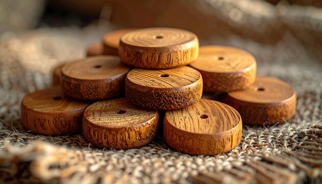 Stack of smooth, round wooden tokens with visible grain texture and central holes, perfect for crafts or games