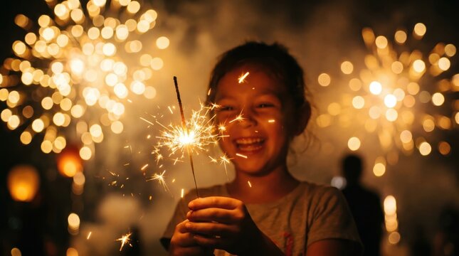 Joyful Child Holding Sparkler During USA Independence Day