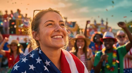Naklejka premium Woman Celebrating USA Independence Day with American Flag
