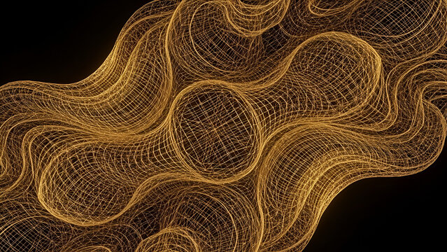 Golden threads form intricate web-like patterns on black background