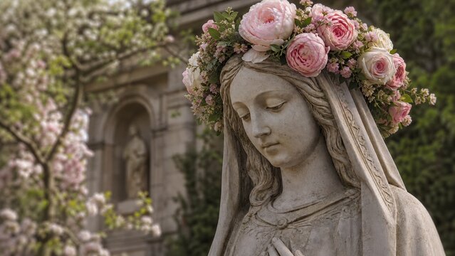 May Crowning celebration: Virgin Mary stone statue with floral crown of spring roses. Month of Mary worship background with copy space