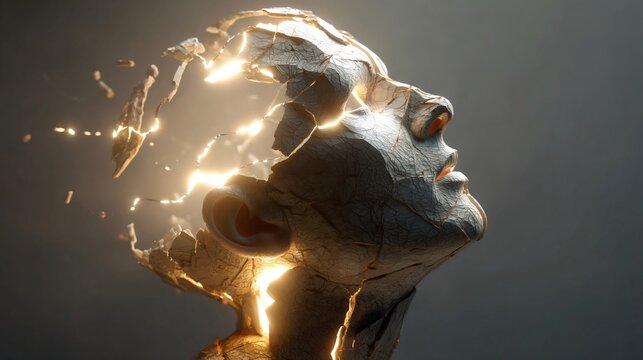 Mind Unfolding: An artistic depiction showcases a human face in the process of disintegration, revealing radiant inner light. The image evokes themes of transformation and the unveiling of the self.