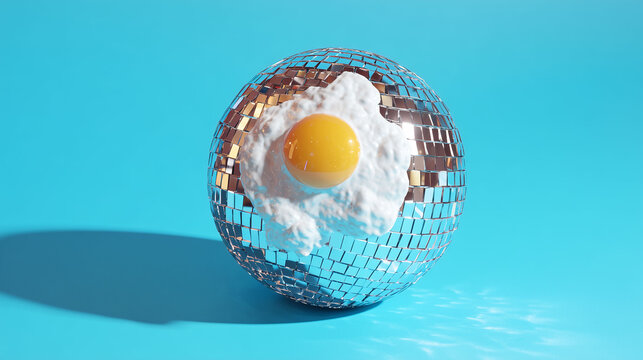 Surreal fried egg with golden disco ball mirror textures on blue background