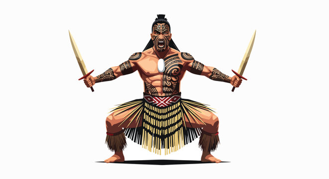 A muscular, tattooed man in a traditional costume, holding two swords in a fighting stance against a white background with a dark and intense mood.