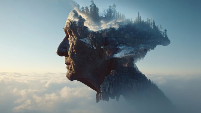 Mind's Landscape: Merging the portrait of an elderly person with a serene landscape. The image reflects inner thoughts and memories in a creative and captivating way. 