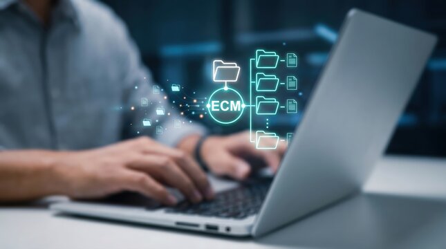 Enterprise Content Management (ECM) and Centralized Database Concept: Hands on Laptop with Holographic Folder Tree and Digital Data Hub