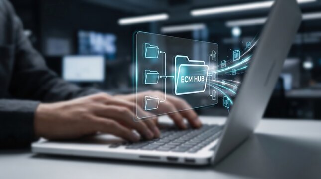 Enterprise Content Management (ECM) and Centralized Database Concept: Hands on Laptop with Holographic Folder Tree and Digital Data Hub