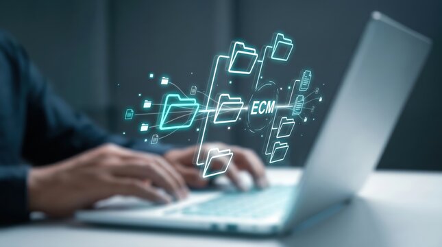 Enterprise Content Management (ECM) and Centralized Database Concept: Hands on Laptop with Holographic Folder Tree and Digital Data Hub