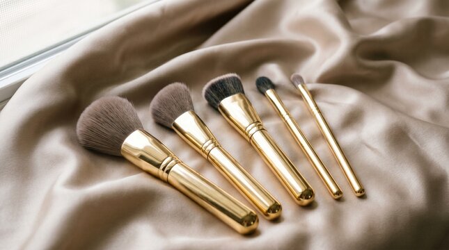 Luxury Makeup Brushes on Satin Fabric Background