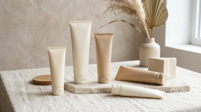 Minimal Cosmetic Cream Tubes with Beige Aesthetic
