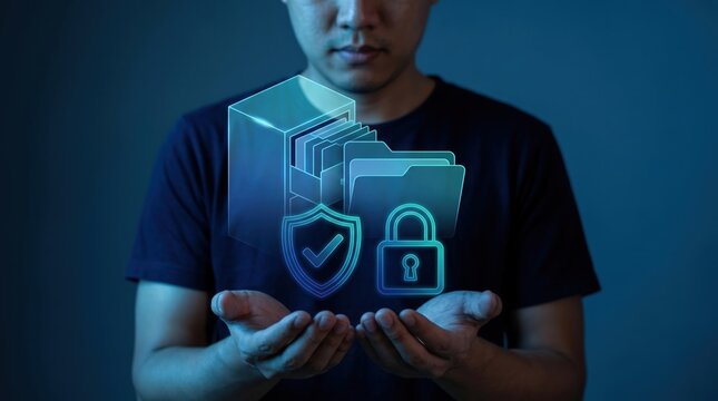 Futuristic Secure Records Management and Digital Archiving Concept: Professional with Holographic 3D Filing Cabinet, Shield, and Padlock Security Icons