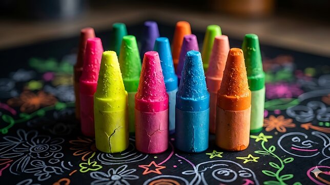 Colorful Wax Crayons on Artistic Black Background with Neon Doodles and Creative Drawing Texture Macro Photography