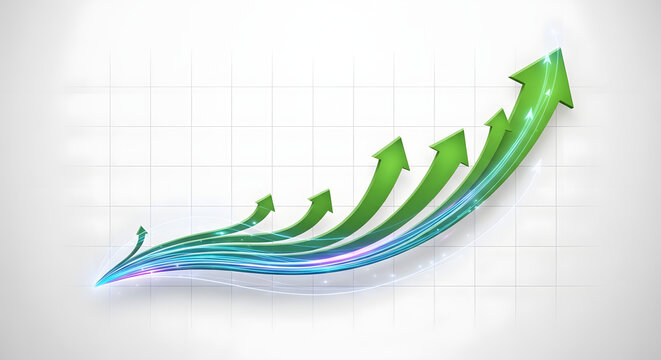 Abstract upward trend graph with multiple green arrows showing growth and progress on a clean, bright background with subtle gridlines