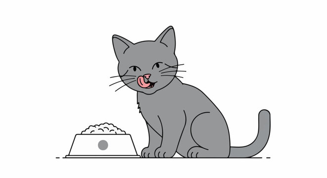 Cute cartoon grey cat eagerly licking lips beside its food bowl