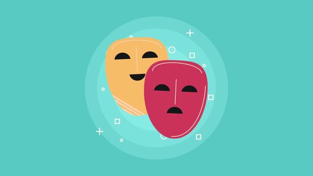 Dynamic animation of two theater masks representing comedy and tragedy, motion graphics of emotional expression and drama.