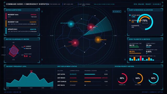 Futuristic emergency dispatch dashboard interface with radar map, alert feed, resource allocation, node telemetry and incident metrics panels