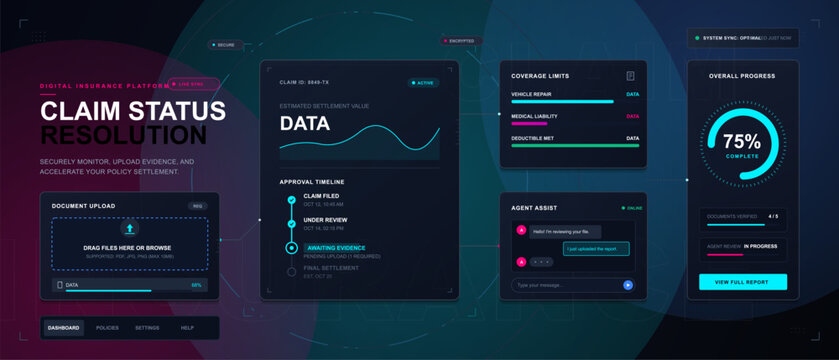 Futuristic insurance claim status dashboard interface with document upload, approval timeline, coverage limits, agent chat and progress gauge