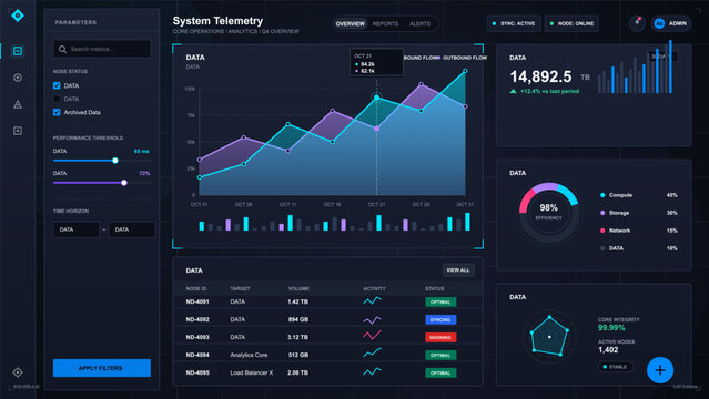 Dark vector system telemetry dashboard with filter sidebar, glowing line chart, data table, server metrics, efficiency gauges and status panels.