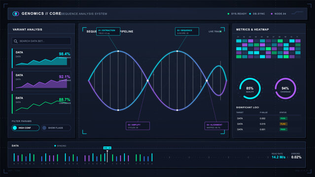 Dark vector genomics dashboard with DNA sequence pipeline, variant analysis cards, heatmap metrics, quality gauges and nucleotide timeline.