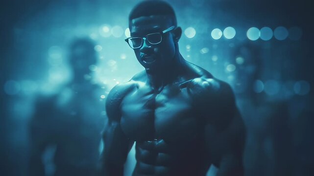 Muscular man poses confidently in sunglasses with dramatic backlighting. Night club atmosphere enhances powerful presence. Concept of fitness, bodybuilding, fashion