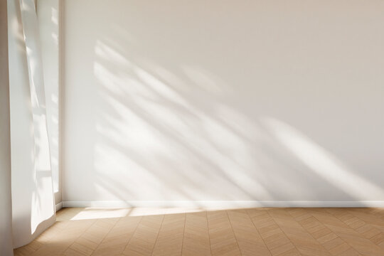 Minimalist empty room with sunlight and tree shadow. Modern interior design background mockup with white plaster wall and wooden floor. Scandinavian living room scene.