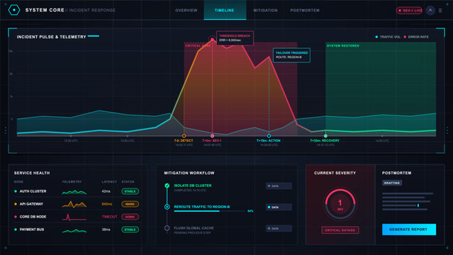 Dark incident response dashboard interface with telemetry timeline chart, service health table, mitigation workflow, severity gauge and report panel