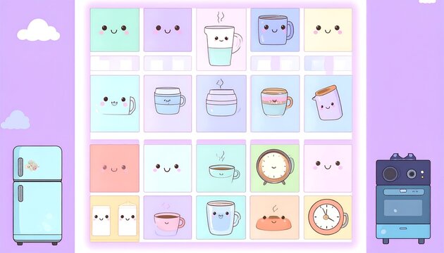 Animated array of square icons with kawaii coffee cups, fridge, stove, and clouds